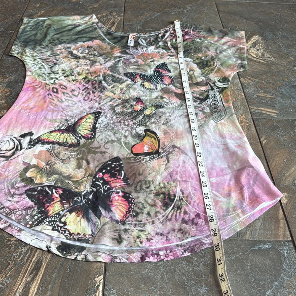 Big Bang Womens Wearable Art Tunic Top XL Butterfly Print Rhinestones Hi Low - Picture 11 of 12